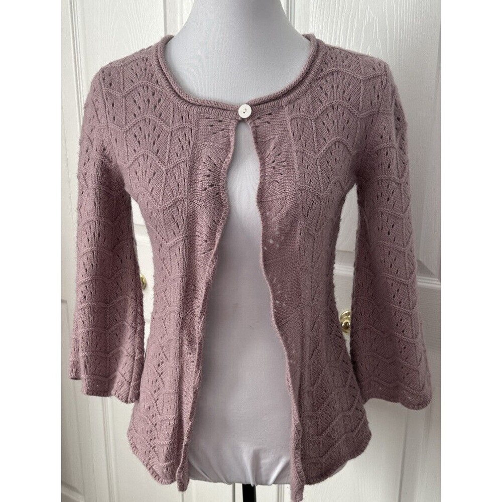 Tweeds Women's Mauve Small Sweater Crop Wool Angora Blend Cardigan Bell Sleeve